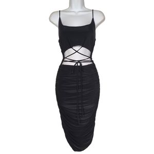 SABORA Criss Cross Lace Up Front Sleeveless Ruching Black Midi Dress Medium